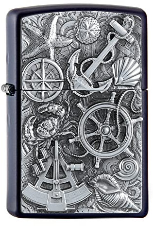 ZIPPO –– Nautisches Motiv – Navy Blue Matte – Emblem Attached – Sturmfeuerzeug, nachfüllbar, in hochwertiger Geschenkbox