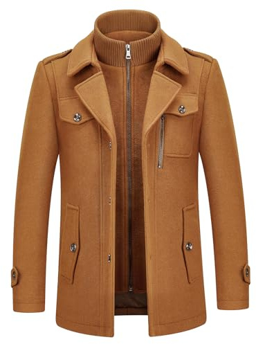 KUDORO Ullrockar för män, kort vinterkappa, vadderad trenchcoat för vardag, affärer, ytterkläder, kappa i tjock ullblandning med avtagbar inre krage, Brun, S