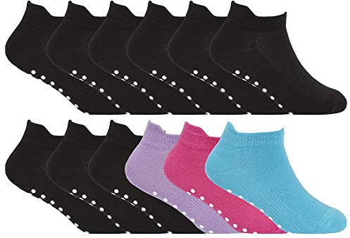 Sock Snob 12 Pair Multipack Kids Low Cut Ankle Socks with Non Slip Gripper Sole Ideal Trampoline Socks (4-6 Years, Pink/Black)