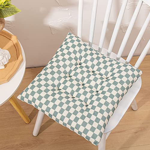 ZYFAB Cord Stuhlpolster Schachbrettmuster Sitzkissen Plaid Stuhlkissen mit Krawatten Stuhlpolster für Essen Küche Draußen Terrasse,Grün,40 * 40 * 7cm