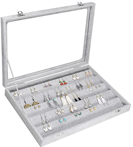 Siveit Bandeja organizadora de aretes, organizador de terciopelo para aretes, caja de almacenamiento de alta calidad, 110 ranuras, 55 pares de aretes, organizador de exhibición de aretes con cubierta