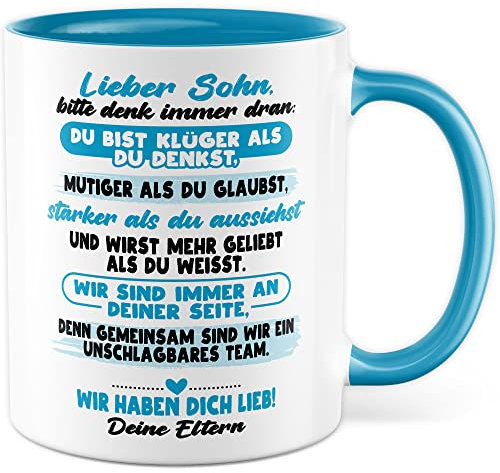 Sohn Tasse Kaffeetasse Eltern Kaffee-Becher Vater Mutter Geschenk Familie Geschenkidee Kind Mama Papa Wir haben dich Lieb Spruch Stolz Junge Kinder Geburtstag