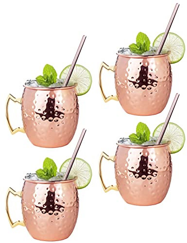 Mule Becher, 2 Stück handgefertigte rostfreie Kupferbecher mit Strohhalmen