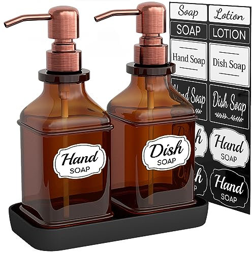 LMQML Lot de 2 distributeurs de savon en verre ambré épais avec plateau robuste ; pompe noire en acier inoxydable 304 antirouille, 12 autocollants, pour cuisine, salle de bain – Cuivre brossé