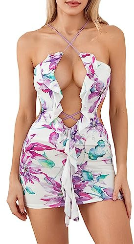 Loalirando Abito Irregolare Mini Sexy Donna Vestito Corto Senza Manica con Scollo a V Profondo Estivo Bodycon per Spiaggia Sera Festa (Viola, L)