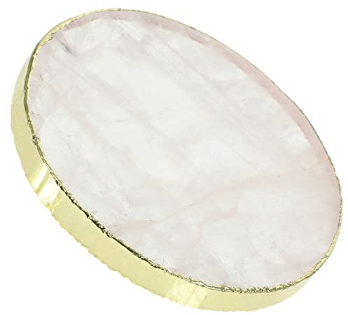 HOMSFOU Posavasos De Cuarzo Rosa Posavasos De Barra Redonda con Borde Dorado De Cristal Rosa Natural Posavasos para Bebidas Posavasos Posavasos para Tazas De Té Portavasos De Cristal