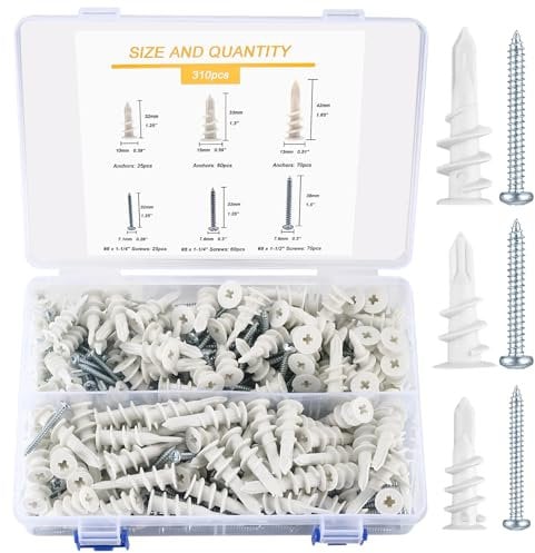 Set di 310 tasselli e viti per cartongesso, incluso 155 tasselli per cartongesso, 155 viti a croce, kit di tasselli universali espandibili e viti autofilettanti per legno(310 pezzi)