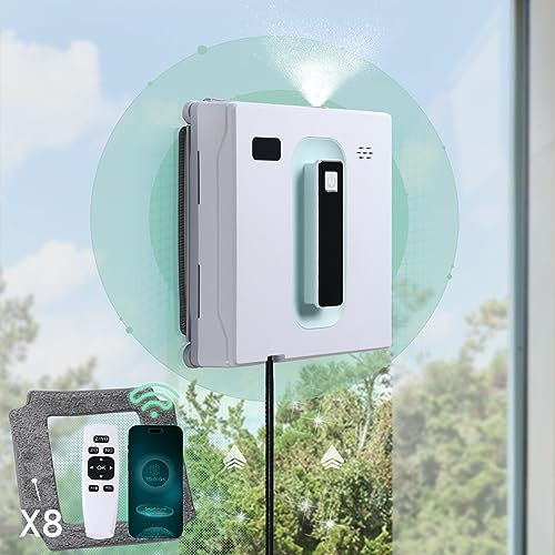 Yoolax Robot de nettoyage de vitres automatique avec double pulvérisation d'eau, puissance d'aspiration de 3000 Pa, nettoyeur de vitres robotique avec application et télécommande, blanc