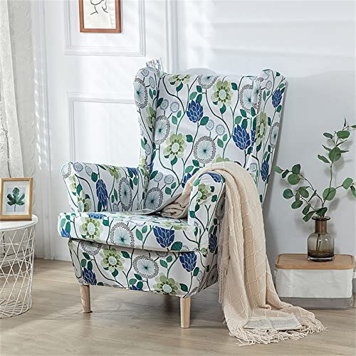 Hiseng Ohrensessel Überzug Stretch 2-Teilig, Sessel-Überwürfe Ohrensessel Schonbezüge Bezug, Nordisch Elastisch Sesselhusse Universal Tiger Stuhlbezug mit Armlehne Hohe Rückenlehne (Grün Floral)