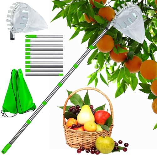 BYLUM Obstpflücker,Apfelpflücker,Pflückhilfe,Obstgreifer Einfach zu Montieren,Kirschenpflücker mit Leichter Edelstahl Verlängerung Verbindungsstange und Baumwollbeutel(4.0m)