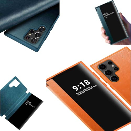 Wigento Für Samsung Galaxy S24 Ultra View Spiegel Handy Smart Cover Wake UP Funktion Case Orange