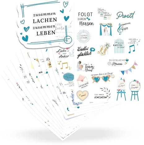 ECCK Sticker Hochzeit Gästebuch (12 DIN A5 Bögen), Hochzeitssticker Set mit Aufkleber Hochzeit für Gästebuch, Tischkarten, Scrapbook & Fotoalbum mit Liebe, Vintage & Herz-Motiven auf Deutsch