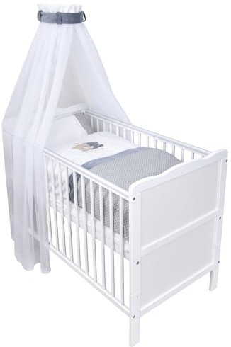 Generisch Baby Delux Babybett Komplett Set 70x140 Kinderbett umbaubar zum Juniorbett weiß Jack Bettset Matratze 9-teilig (Teddy Mond grau)