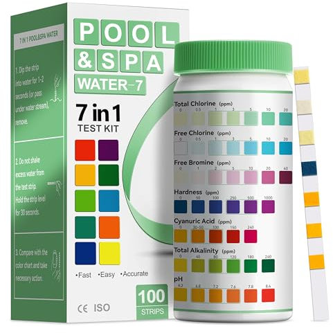 AAwipes Kit de Test de Piscine 7 en 1, Lot de 100 Bandelettes de Test pour Piscine, Jacuzzi et Spa avec Mesure de Haute Précision de la Dureté de l'Eau et de l'Acidité, Kit d'Entretien pour K01-100