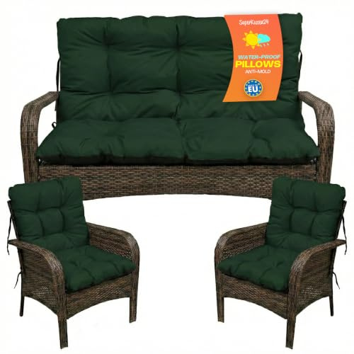 SuperKissen24. Sitzkissen Bankkissen Bankauflage - 120x50 cm und Rückenlehne 120x60 cm mit 2er 48x96 cm Stuhlkissen Set - Outdoor und Indoor - Dunkelgrün
