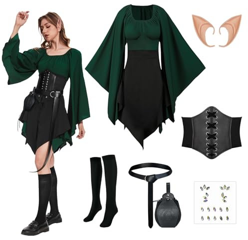 OPAEHJF 8 Stück Damen Mittelalter Traditionelles Irisches Kleid Renaissance Elfen Kostüm Mit Elfenohren, Halloween Viktorianisches Cosplay (S)