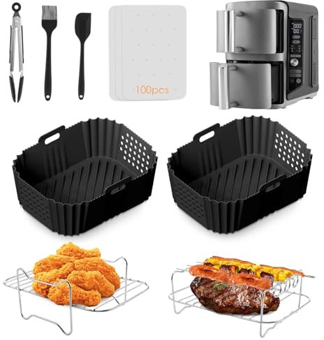 QCXWCJWD Air Fryer Liner Silicone for Ninja Double Stack XL 9.5L, Reusable Air Fryer Accessories Set Compatible with Ninja Foodi Max SL400UK SL401UK AF400 AF500, 8pcs with Air Fryer Racks Food Clip