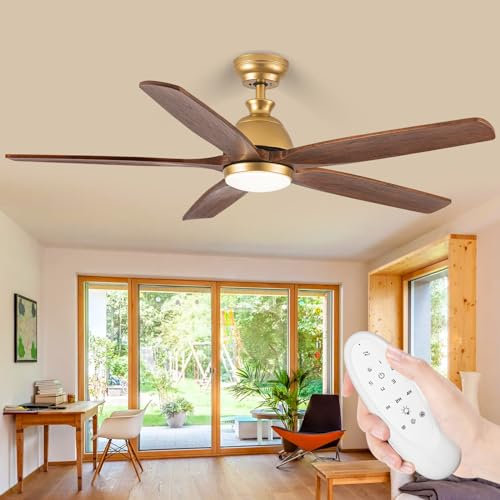 FDTMGW Ventilador de Techo para Exteriores con Luces y Control Remoto, Ventilador de Techo Dorado de 52 Pulgadas con luz, 5 aspas de Madera, Motor CC silencioso Reversible, Ventiladores de Techo para