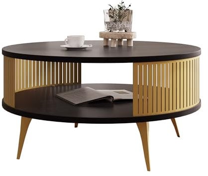 Mirjan24 Couchtisch mit Ablage Rajkon, Runde Form, Metallbeine, Kaffeetisch, Wohnzimmertische, Beistelltisch, Sofatisch, Teetisch (Schwarz Molet, Gold)