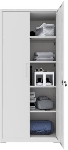 Armadio In Metallo Multiuso Armadietto A Doppia Anta Con 5 Ripiani Regolabili E Chiusura Con Doppia Chiave 180 x 80 x 40 Cm Grigio Chiaro Mobiletto Per Documenti Strumenti Ufficio Garage Studio