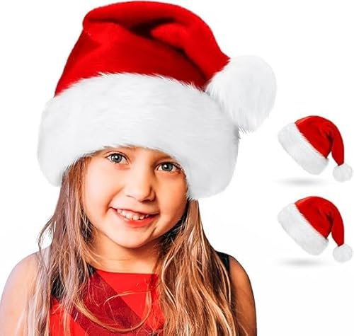 Dolaso 2 Stücke Weihnachtsmütze Kinder, Nikolausmütze Dicker Fellrand aus Plüsch, Warm Weihnachtsmann Mütze, Rote Santa Mütze für Weihnachtsfeier Dekorationen Geschenke