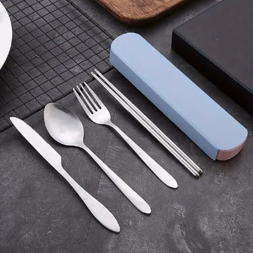 Ensemble de couverts portables en acier inoxydable 4 pièces - réutilisables pour les voyages, le camping, le bureau et l'école - comprend des baguettes, des cuillères, des fourchettes et des couteaux