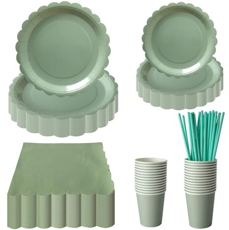 Sage Green Paper Plates Napkins Cups Set, 125PCS Sage Green Party Tableware Set, Baby Shower Plates Cups and Napkins, Sage Green Party Supplies for Table Decoration