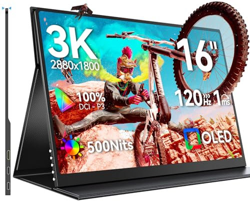 UPERFECT OLED Portable Monitor 16, 3K 2880x1800 | 120Hz | 0.1ms Portable Gaming Display, 500 Nits |100% DCI-P3 | 100000:1 Contrast | Ultra-Slim Design for Laptop Mini PC Phone Game Consoles