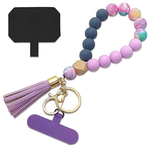 LunarCharm Telefon-Lanyard, Silikonperlen-Handgelenkschlaufe, Handy-Lanyard mit 2 Handy Lanyard Pads, elastisches Handy Kette für die Meisten Smartphones, Lila