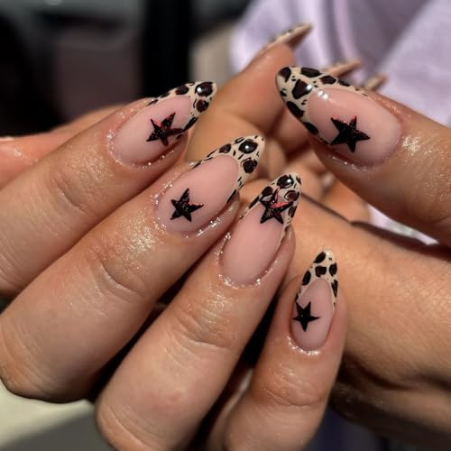24 Stück Press on Nails Mandel French Leopard Print und Star Design, Nägel Zum Aufkleben Almond Tips, Full Cover Fake Nails French, Künstliche Fingernägel für Frauen Nail Art DIY