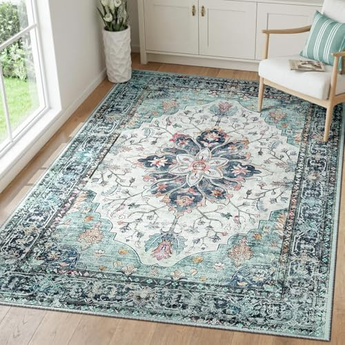 INOVADAY Teppich Wohnzimmer Waschbar 90x150 cm Retro Blau/Grün/Marine/Rot