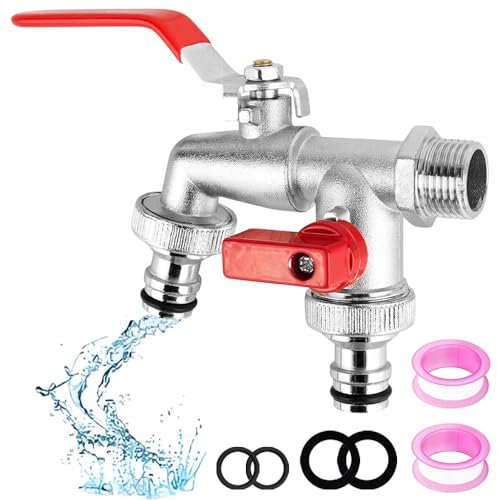 Double Garden Tap, 1/2 Inch Brass Double Water Tap, Outside Faucet Outside Tap with 1/2 inch Brass Water Faucet and 2X3/4 inch Outlet Double for Garden Household Industry(Red)