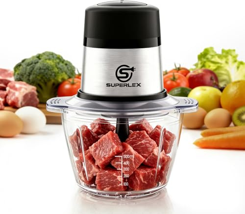 SUPERLEX Zerkleinerer Küche Elektrisch 300W Mini Mixer mit 1L Glas Schüssel | Edelstahlklingen 2 Geschwindigkeiten Kompakter Multizerkleinerer für Nüsse Fleisch Obst Babynahrung