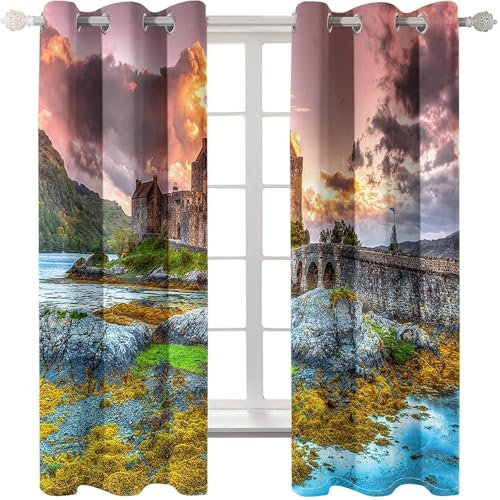 Homxi 2er Pack Abdunkelnde Vorhänge,2 x 214W x 229H cm,Ösenvorhang Gardine Bergseelandschaft und Haus Gardinen Modern Wohnzimmer Mehrfarbig