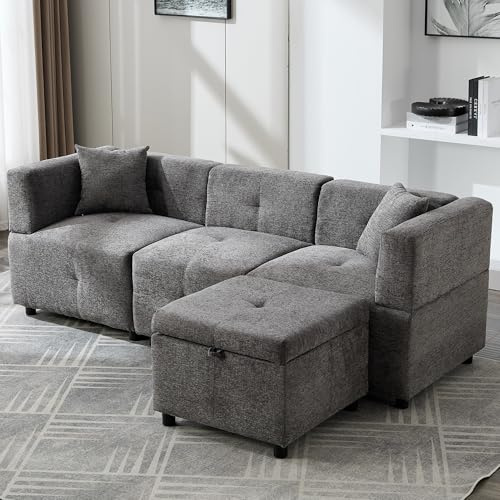 LANTRO JS L Shaped Sofa, 3 Seater Sofa with Removable Storage Ottoman, Corner Sofa with 2 Pillows for Living Room Apartment, Grey