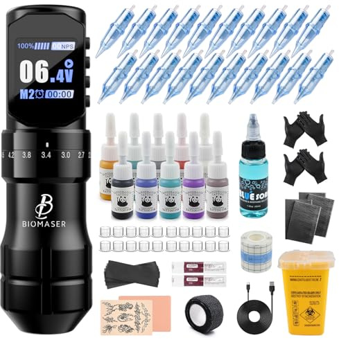 Biomaser Komplettes Kit mit 2200mAh Batterie | Wireless Rotary Pen 20 Stück Kartuschen Nadeln Digitales LED Maschine 4,5 mm Hub Länge Kabelloser Maschinen-Pen für Anfänger