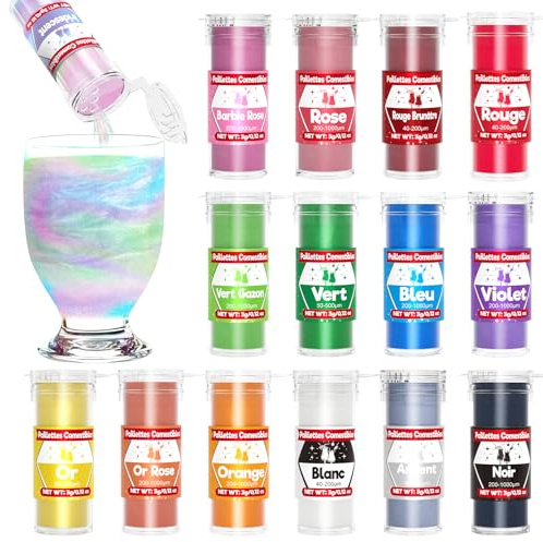 Paillettes Comestibles - Kit de 15 Paillettes Alimentaires Comestibles avec Couleur Irisées, Paillette Alimentaire pour Gâteaux, Boissons et Desserts, Paillette Comestible Sans Odeur/3 g Chacune