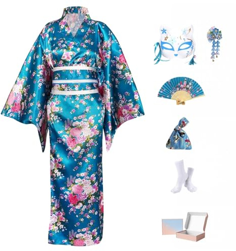 Ensemble Kimono Japonais Femme 9 Pièces - Yukata Satin avec Obi, Nœud Papillon, Masque Renard, Éventail, Tabi, Pochette et Barrette - Déguisement Geisha Large pour Carnaval & Cosplay Coffret Cadeau