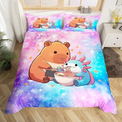 Homewish Housse de Couette 200x200 Enfant Capybara avec 2 Taies d'oreiller - Parure de Lit Axolotl Mignon pour Filles Garçons - Sets de Housses de Couettes Galaxie Rose Bleu Dégradé - Réversible