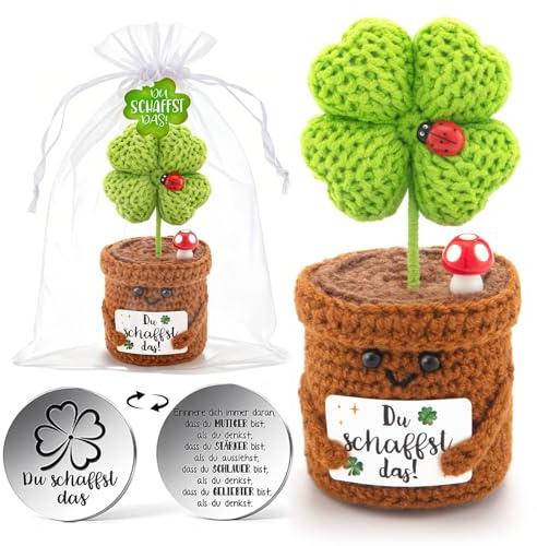 Ivrmtal Pocket Hug Glücksbringer Gestricktes Vierblättriges Kleeblatt – Handgehäkelter Glücksklee Mutmacher Geschenk: Positives Motivationsgeschenk für Freunde/Kollegen