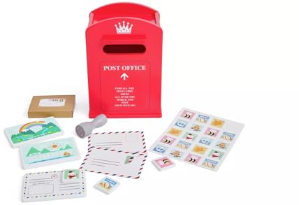 Kids Wooden Post Office Mailbox Toy Set with Postcards and Letters, Red