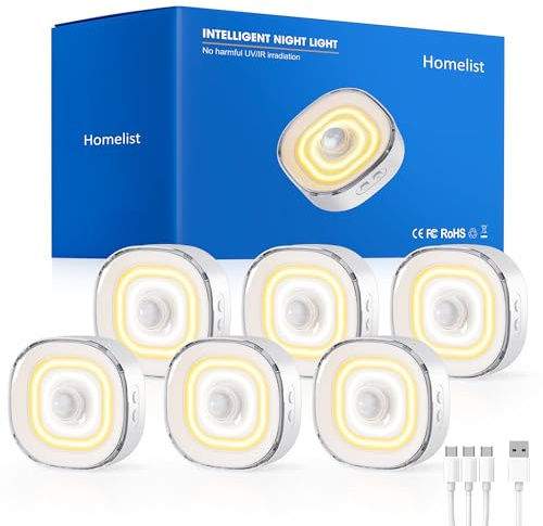 Homelist 68-LED COB Under Cupboard Kitchen Lights, 100lm Dimmable 3-Color Stair Lights Motion Sensor, Mini Rechargeable Motion Sensor Lights Indoor, Kitchen, Cupboard, Stair, Hallway, Closet 6 Pack