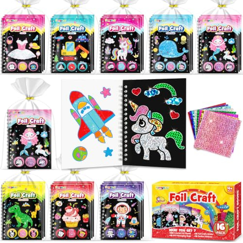 FUNNYB&G 16 Kit Foil Art Attività Libri Gadget Compleanno Bambini | 2 in 1 Foil Art Libri da Colorare Bambini Regalini Fine Festa Compleanno, Regalo Giochi Lavoretti Creativi Bambini 4-10 Anni