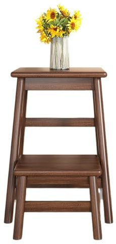 Lkvent escabeau marchepied Tabouret d'escalier Pliant en Bois Massif, Chaise multifonctionnelle, marchepied à 2 Couches élargissant for Cuisine, Chambre et Salon Petit(Walnut Color)