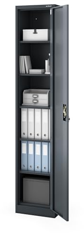 Jan Nowak Aktenschrank Metall abschließbar Büroschrank schmal 220x45x40 cm | Dokumentenschrank Ordnerschrank mit 5 verstellbaren Fachböden je 60 kg, Stahlschrank mit Schloss, Wandmontage möglich