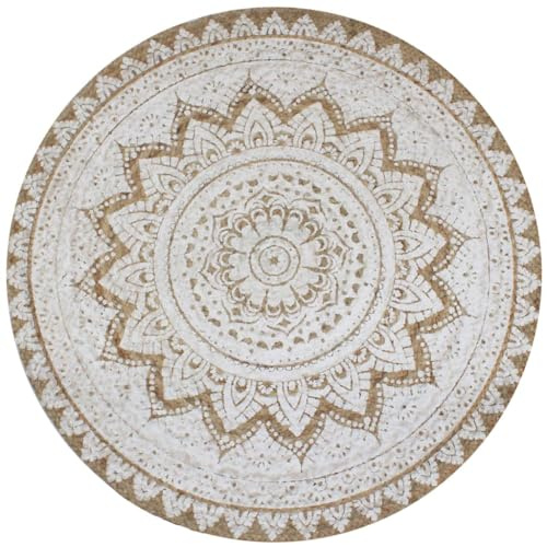 Mhdvray Rund Jute Teppich Handgeknüpft Mandala 150 cm Natur Beige Beidseitiger Wohnzimmer Schlafzimmer Robust & Langlebig für Esszimmer Flur