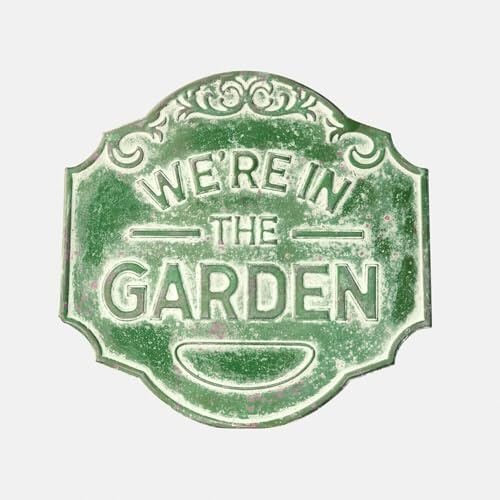 Loberon Dekoschild Merrin - Liebevolles Vintage-Finish - We're in the Garden-Relief - Gartendeko - Dekoboard - Outdoor - Eisen, antikgrün