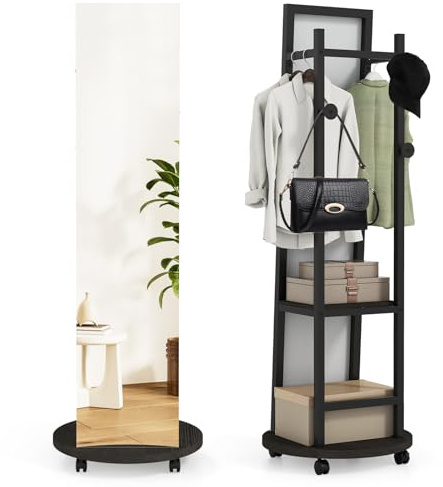COSTWAY 2 in 1 Ganzkörperspiegel Garderobenständer, Kleiderständer mit 3 Haken, Ablagefächern & Rädern, Standspiegel freistehend für Schlafzimmer, Kleiderschrank & Flur