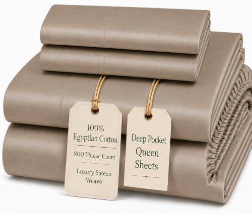 Deep Pocket Queen Sheets set, 100% Cotton Sheets Queen Size set, 800 Thread Count Soft & Durable 4 Piece Sheet & Pillowcase Sets, Sateen Weave Hotel Sheet Fits upto 17, No Pill Machine Wash- Taupe