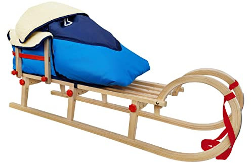 Hörnerschlitten Klappschlitten Rodelschlitten Rodel Schlitten aus Holz wählbares Zubehör V-21-125, Schlitten-Zubehör:mit Lehne und Fußsack blau